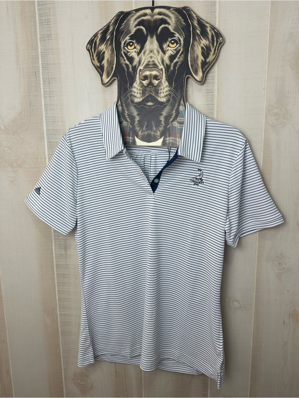 NWT Adidas Striped Navy & White Polo Golf Shirt - Women's cut Pinehurst Logo